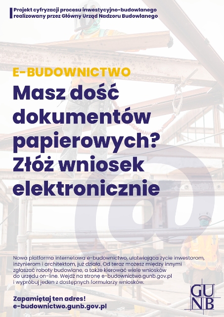 Plakat w kolorze niebiesko-żółtym informujący o o możliwości składania wniosków elektronicznych